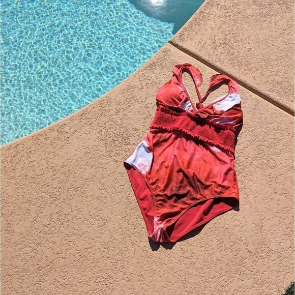 Women's marble red/white one-piece swimsuit - Picture 1 of 16